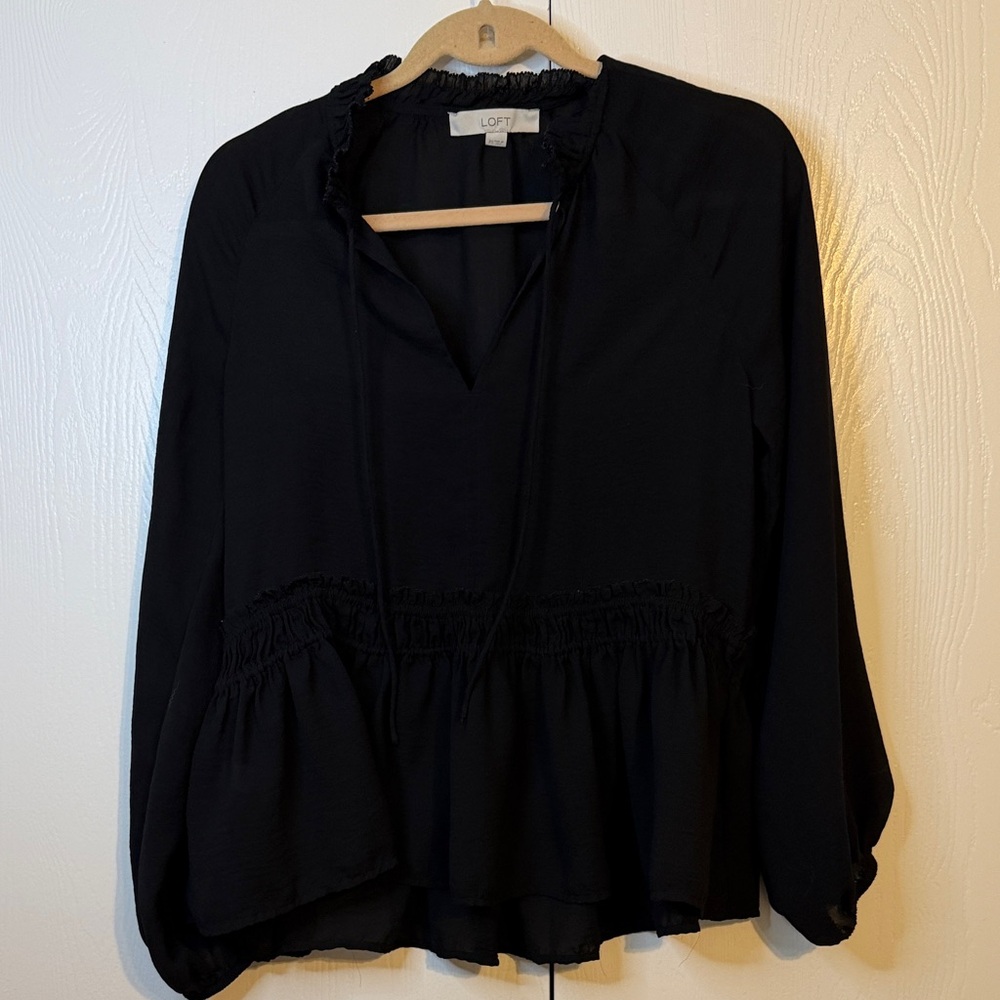 LOFT Black Smocked Peplum Tie-Neck Blouse